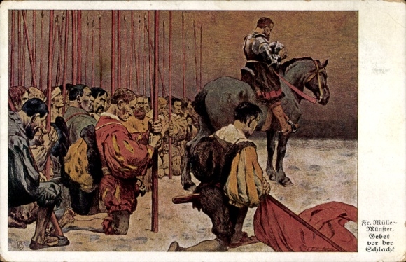 Artist Postcard Müller, F., prayer before the battle, praying warriors