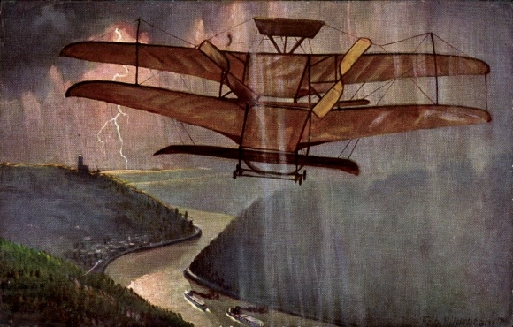 Kunstenaarskaart Hildebrandt, Fritz, vliegtuig, Rijn, kapitein Sandes, Biplan, onweer, luchtvaartpionier