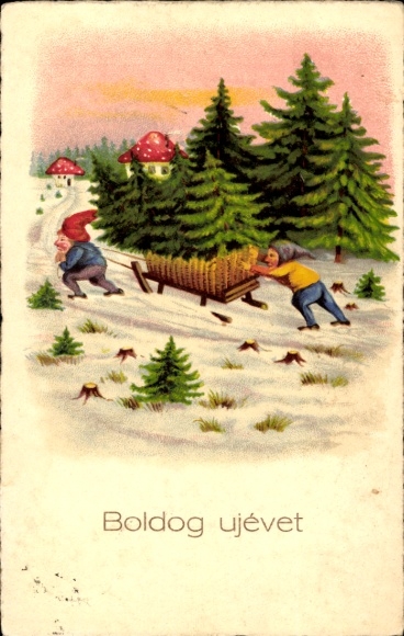 Ak Glückwunsch Geburtstag, Zwerge, Schlitten, Tannenbäume