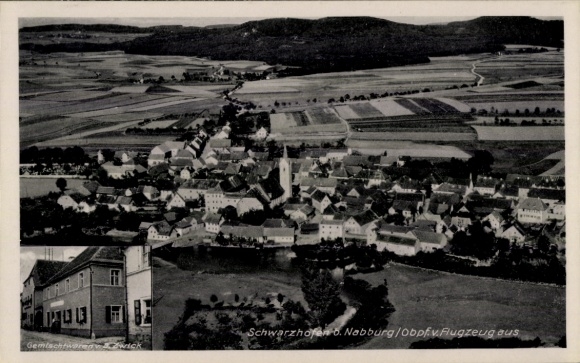 Ak Schwarzhofen in der Oberpfalz, Fliegeraufnahme, Gemischtwarenladen B. Zwick