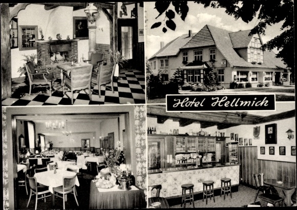Ak Malgarten Bramsche in Niedersachsen, Hotel Hellmich, Innenräume, Restaurant, Hotelansicht