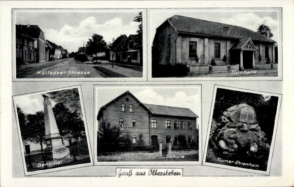 Postcard Olbersleben Thuringia, Kölledaer Straße, gymnasium, Turner Ehrenhain
