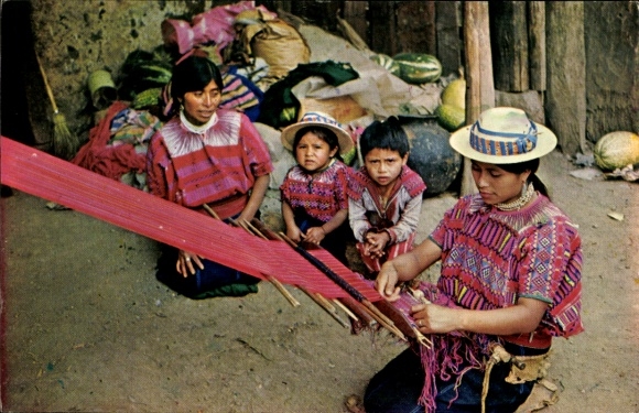 Postcard Todos Santos Cuchumatan Guatemala, local women, children, handicraft