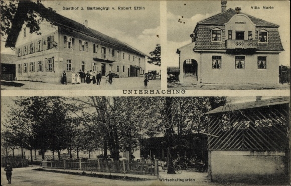 Ak Unterhaching in Opper-Beieren, Villa Marie, Gasthof zum Gartengirgl, R. Ettlin, economische tuin