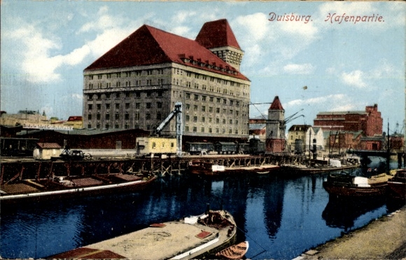 KP Duisburg w Zagłębiu Ruhry, teren portu, woda, łodzie, budynki