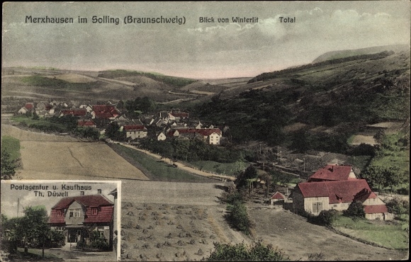 KP Merxhausen Heinade im Solling, poczta, dom handlowy, panorama Winterlit