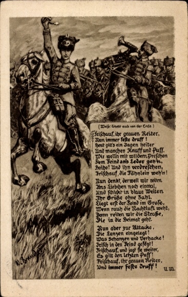 Artist Postcard Frischauf, you grey riders, now always go for it, Totenkopfhussars, Crown Prince Wilhelm