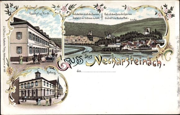 Chromo-Litho Neckarsteinach Hessen, Gasthof zur Harfe, Rathaus, Scheffel poem