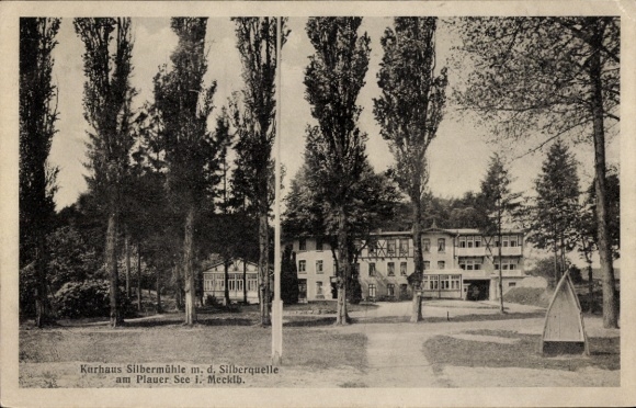 Postcard Plau am See, Silbermühle, Kurhaus Silbermühle, Silberquelle, trees, architecture