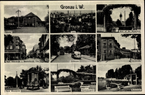 Ak Gronau in Westfalen, Bahnhof, Wasserturm, Adolf-Hitler-Straße, Zoll, Fabrikstraße, Freibad
