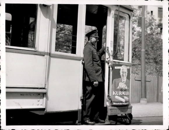 Photo tram with advertising board, Kurmark cigarettes, 1939