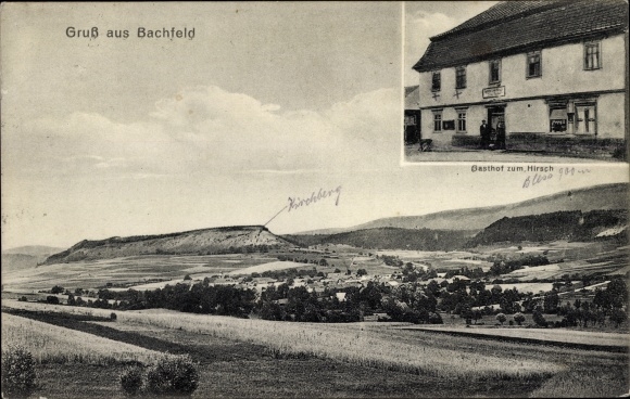 Ak Bachfeld Schalkau in Thüringen, Gasthof zum Hirsch, Blick auf den Ort