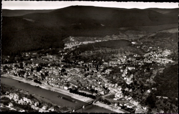 Postcard Eberbach am Neckar Odenwald Baden, aerial view of Neckar, houses, river, forest, mountain