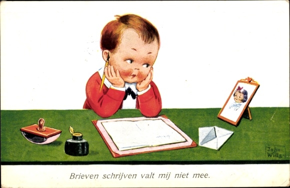 Artist Postcard Wills, John, Boy Writing a Love Letter