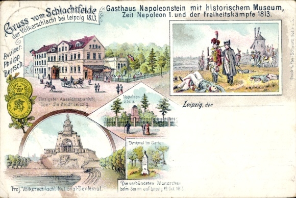 Litho Leipzig in Sachsen, Gruß vom Schlachtfeld, Gasthaus Napoleonstein, Völkerschlachtdenkmal
