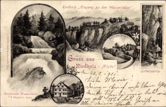 Postcard Ried Pfronten in Allgäu, Riedholz Waterfalls, picturesque landscape, greetings from Riedholz