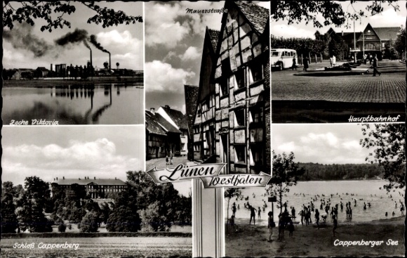 Postcard Lünen in Westphalia, Cappenberger See, Cappenberg Castle, Zeche Viktoria, main station, half-timbered houses