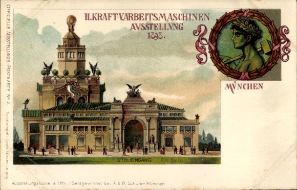 litho München Beieren, II. Tentoonstelling van kracht- en werkmachines 1898, zuidelijke ingang