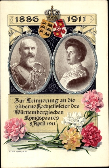 Postal stationery PC Schnorr, King Wilhelm II v. Württemberg, Queen Charlotte, silver wedding anniversary 1911
