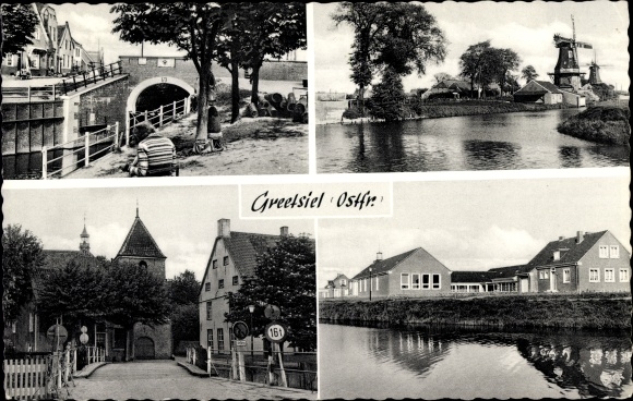 Postcard Greetsiel Krummhörn in Ostfriesland, river section, windmill, bridge