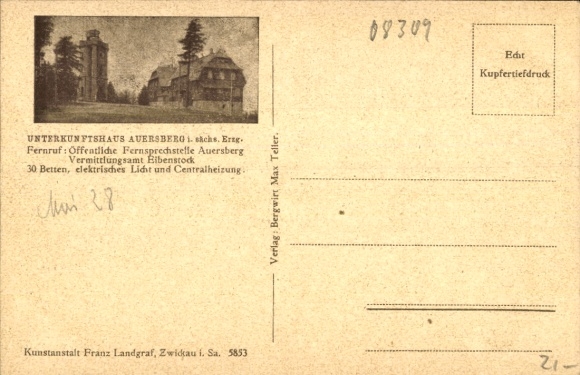 Postcard Blauenthal Eibenstock in the Ore Mountains, Panorama, Accommodation House Auersberg