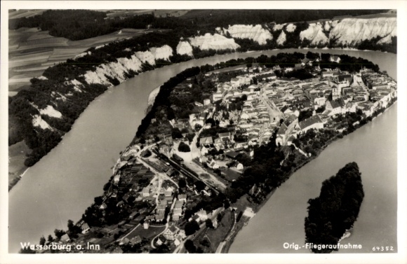Postcard Wasserburg am Inn Upper Bavaria, aerial view of Wasserburg, Inn, old town, river landscape