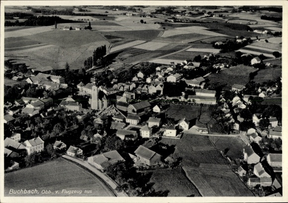 Postcard Buchbach in Upper Bavaria, aerial view of rural surroundings, houses, church