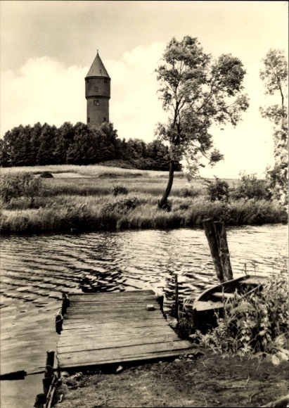 Postcard Lübz in Mecklenburg, water tower, jetty, rowing boat