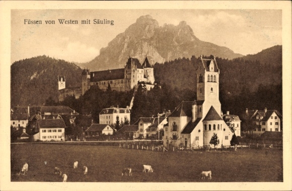 Postcard Füssen Allgäu, partial view from the west, castle
