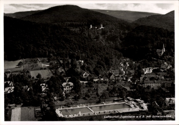 Ak Jugenheim an der Bergstraße Hessen, Fliegeraufnahme, Schwimmbad