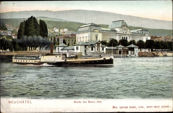 Postcard Neuchâtel Kanton Neuchâtel, Museum of Fine Arts, steamer on the lake