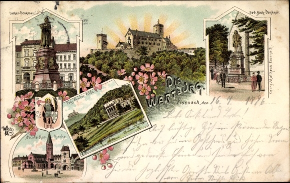 Chromo-Litho Lutherstadt Eisenach in Thuringia, Bach monument, Wartburg, Luther monument, coat of arms