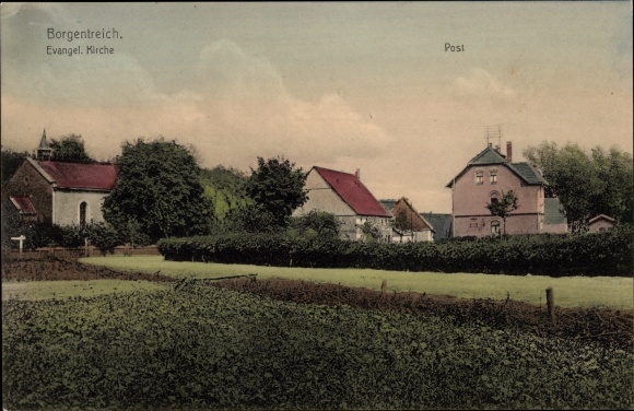 PC Borgentreich in Westphalia, view of the town with the evangelical church and post office