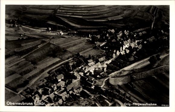 Postcard Oberneubrunn Schleusegrund in Thuringia, aerial view of a village, fields, houses, black-white