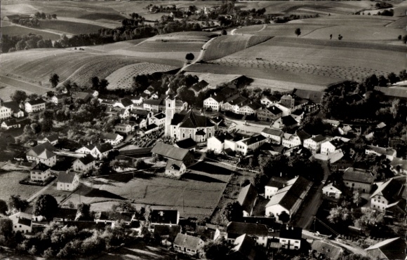 Postcard Buch Schwaben Bavaria, aerial view of Buchbach, church, rural surroundings, houses