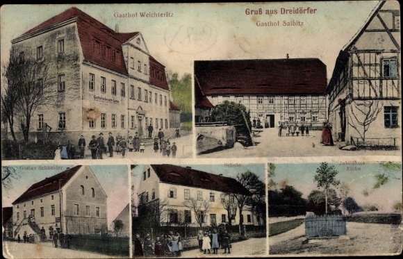 Postcard Weichteritz Salbitz Naundorf in Saxony, three villages, inn, school, business Gustav Schneider