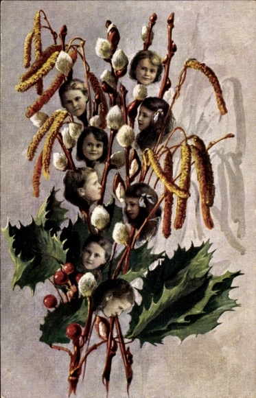 PC Marguerite Day Munich 1911, bouquet with pussy willows, holly, children's faces