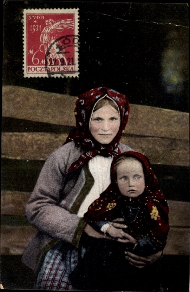 Postcard woman and girl in Polish costumes