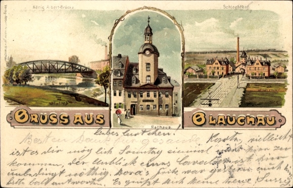 Chromo-Litho Glauchau on the Zwickauer Mulde in Saxony, King Albert Bridge, town hall, slaughterhouse