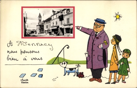Kunstenaarskaart Verrier, Claude, Mennecy Essonne, straatspel, man met kinderen, hond