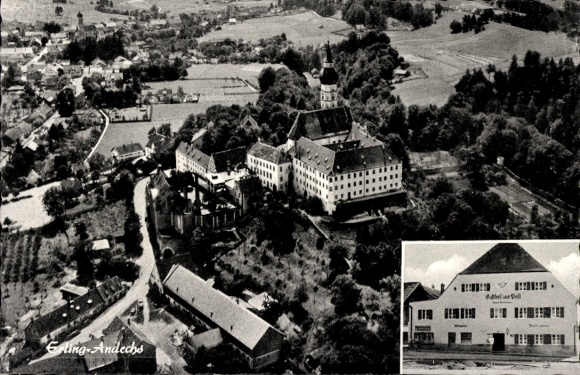 Postcard Erling Andechs in Upper Bavaria, aerial photograph, Gasthaus zur Post