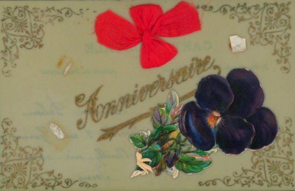 Celluloid Postcard fabric bow, pansies, kitsch