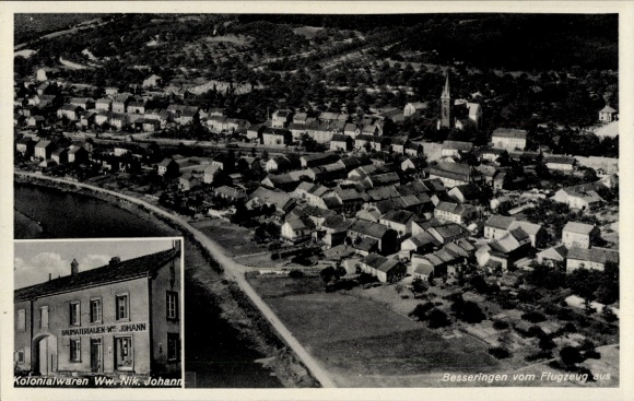 Postcard Besseringen Merzig in Saarland, aerial photograph of colonial goods Ww. Nik. Johann, surroundings