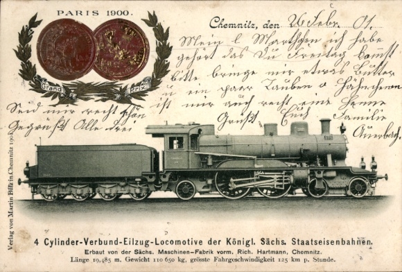 Ak Chemnitz in Sachsen, 4 Cylinder Verbund Eilzug Locomotive der Kgl. Sächs. Staatseisenbahn, Münzen