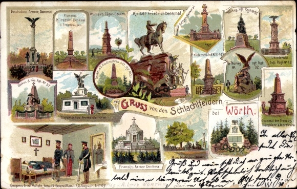 Chromo-Litho Wœrth sur Sauer Woerth Wörth an der Sauer Alsace Bas Rhin, battle memorials