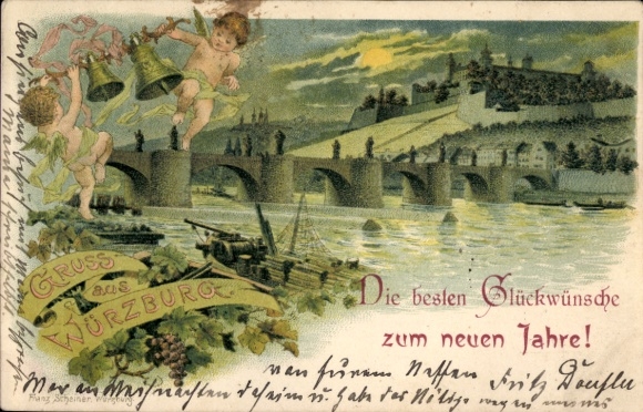 Chromo-Litho Würzburg am Main Lower Franconia, general view, Happy New Year, angels, bells