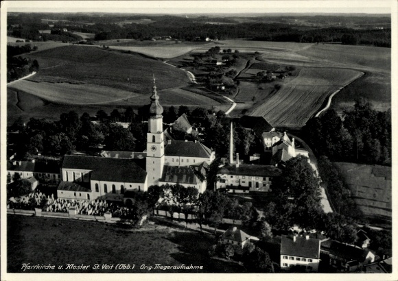 Postcard Neumarkt Sankt Veit an der Rott Upper Bavaria, parish church and monastery of St. Veit, aerial photograph