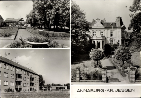 Postcard Annaburg Saxony Anhalt, Karl-Marx-Platz, new buildings and department store, town hall