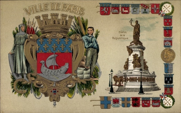 Wapenschild in reliëf litho Paris III, Ville de Paris, Statue de la Republique
