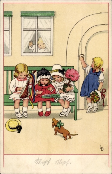 Artist Postcard Döring, Lia, children with flowers and chocolates, lute, dachshund